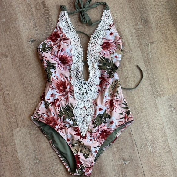 Merona Green and Pink Floral Swimsuit - Picture 1 of 4